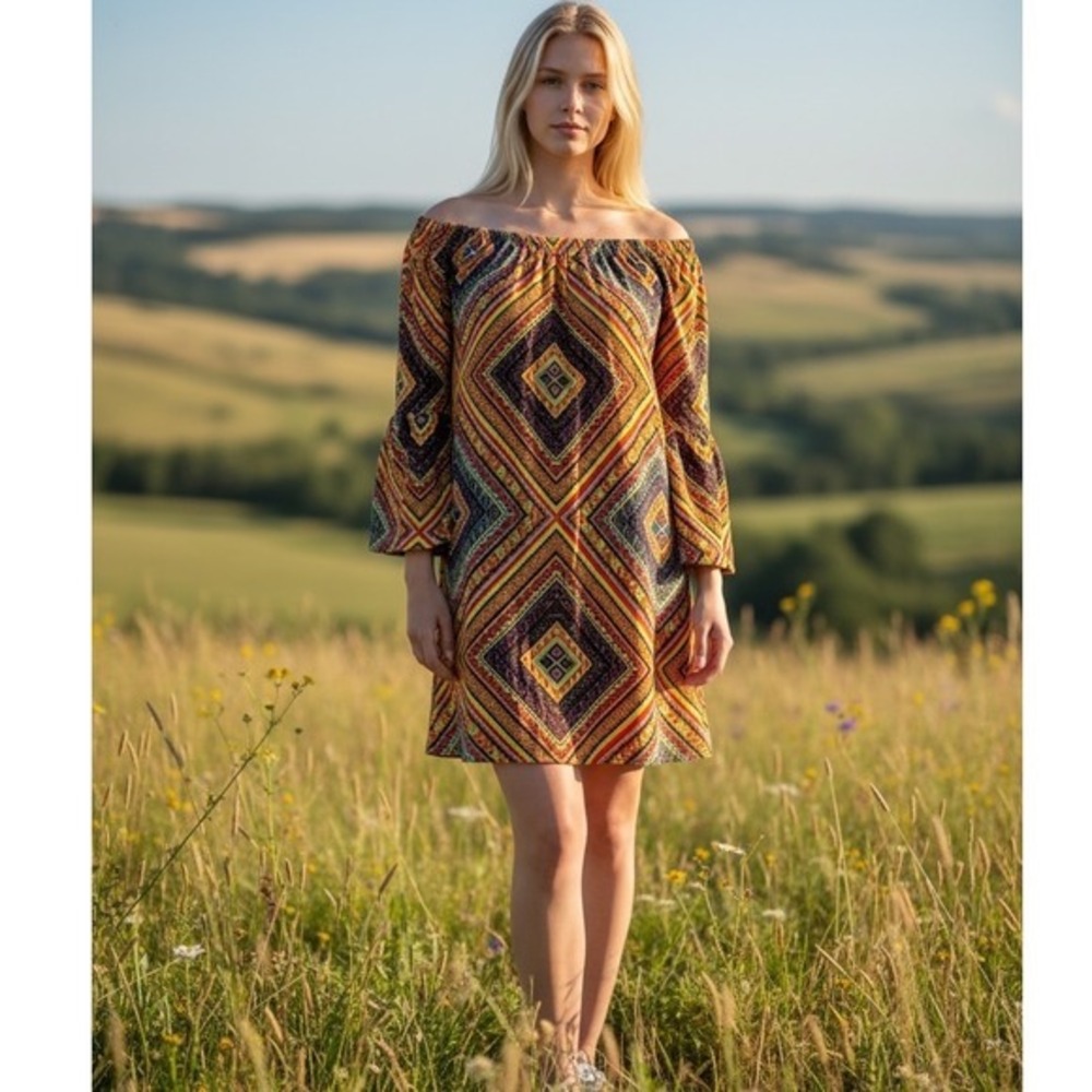 R Rouge Geometric Mini Dress Womens L‎ Multicolor Excellent Boho Bell Sleeve